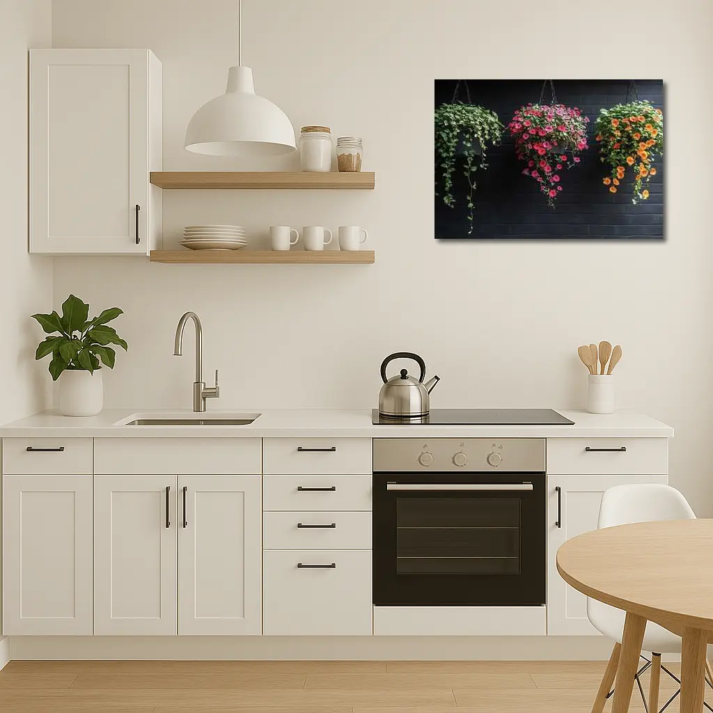 Hanging Petunia Baskets Against Dark Brick Wall – Wall Art