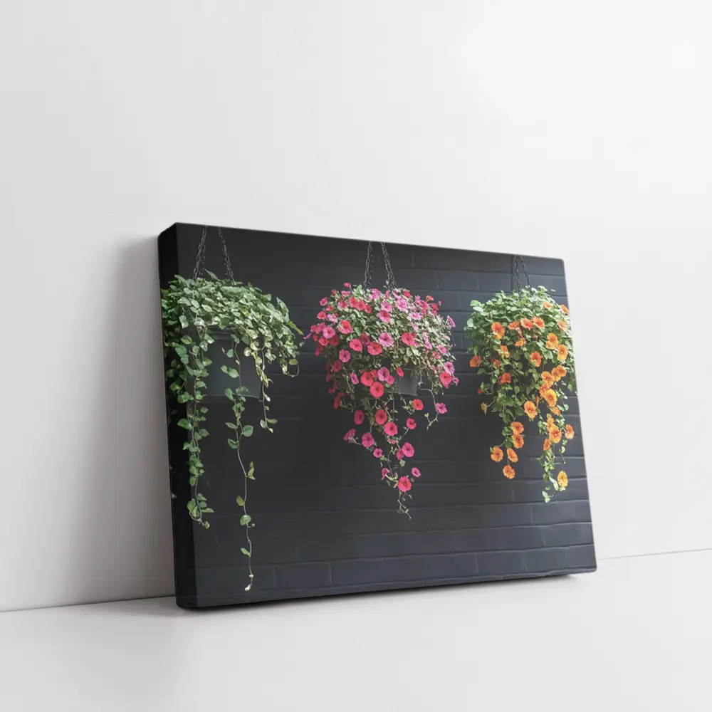 Hanging Petunia Baskets Against Dark Brick Wall – Wall Art