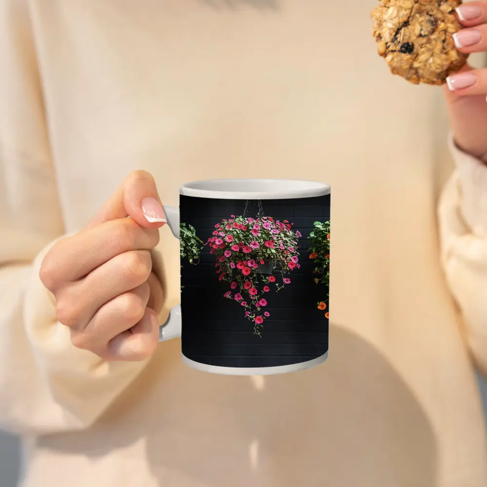 Hanging Petunia Baskets Against Dark Brick Wall – Mugs