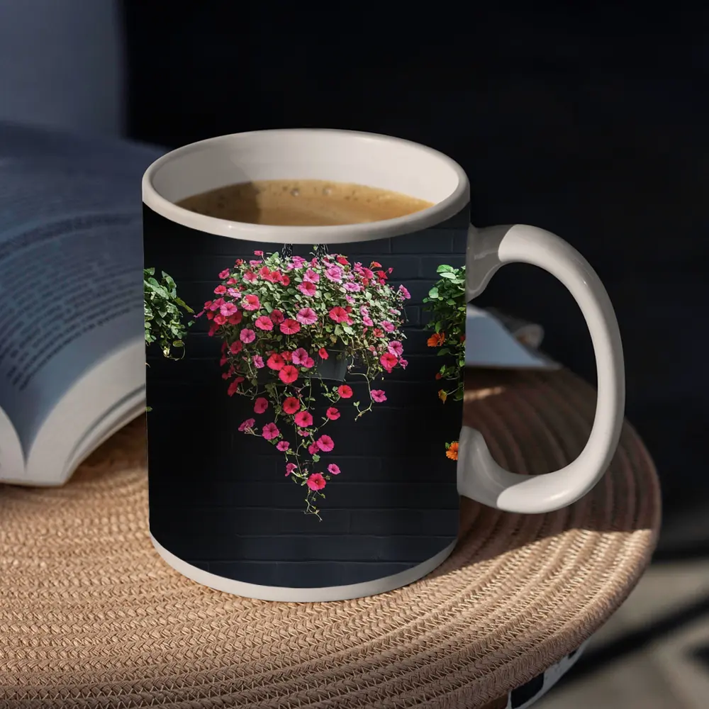 Hanging Petunia Baskets Against Dark Brick Wall – Mugs