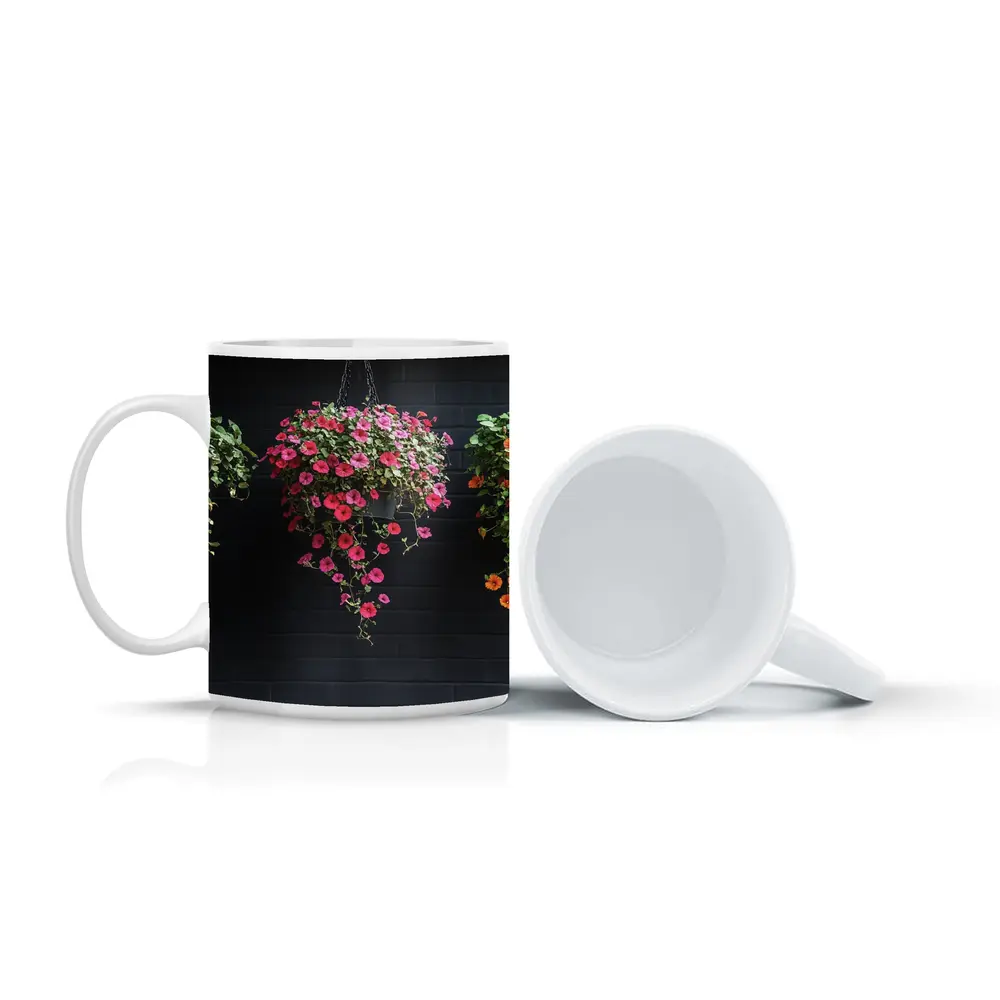 Hanging Petunia Baskets Against Dark Brick Wall – Mugs