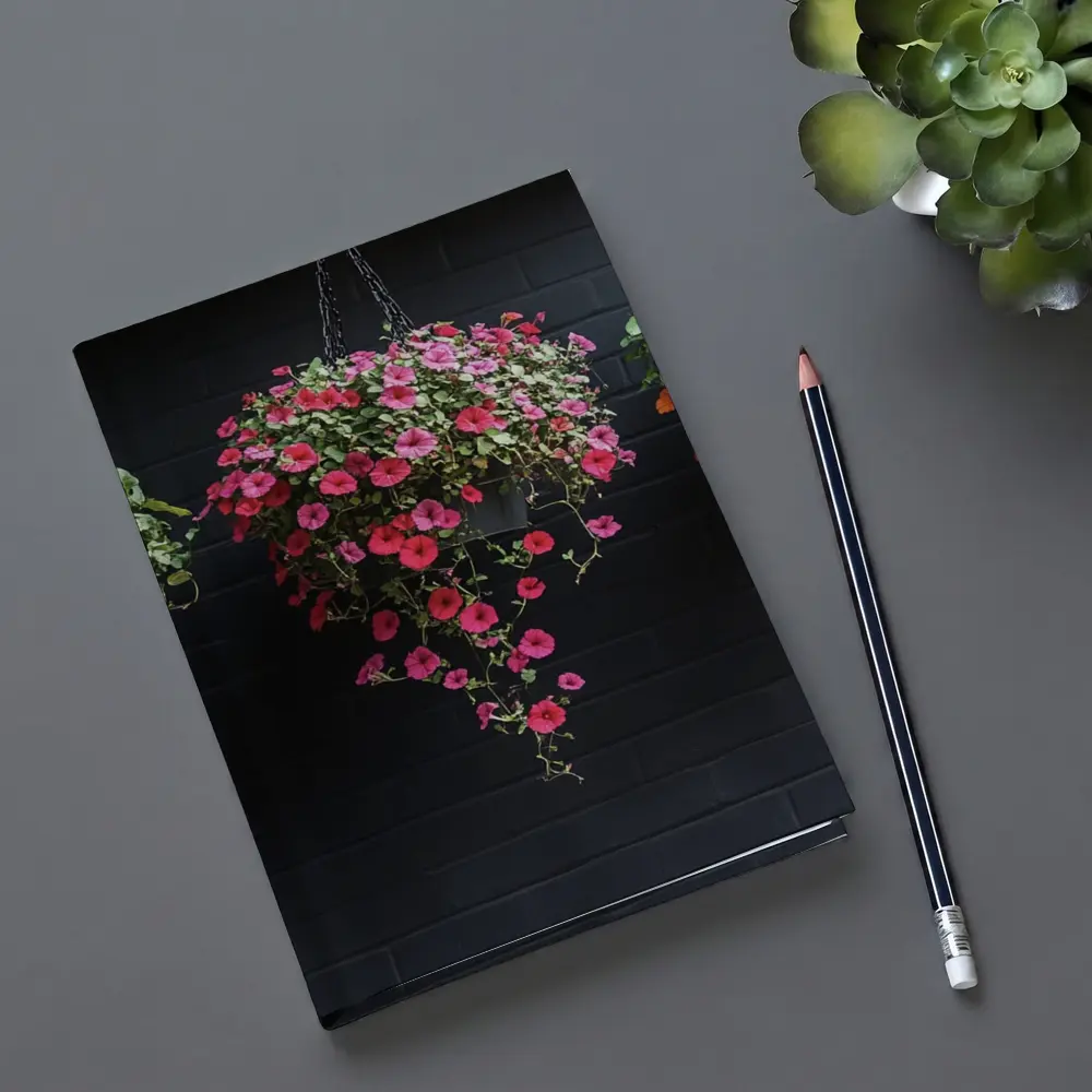 Hanging Petunia Baskets Against Dark Brick Wall – Notebooks