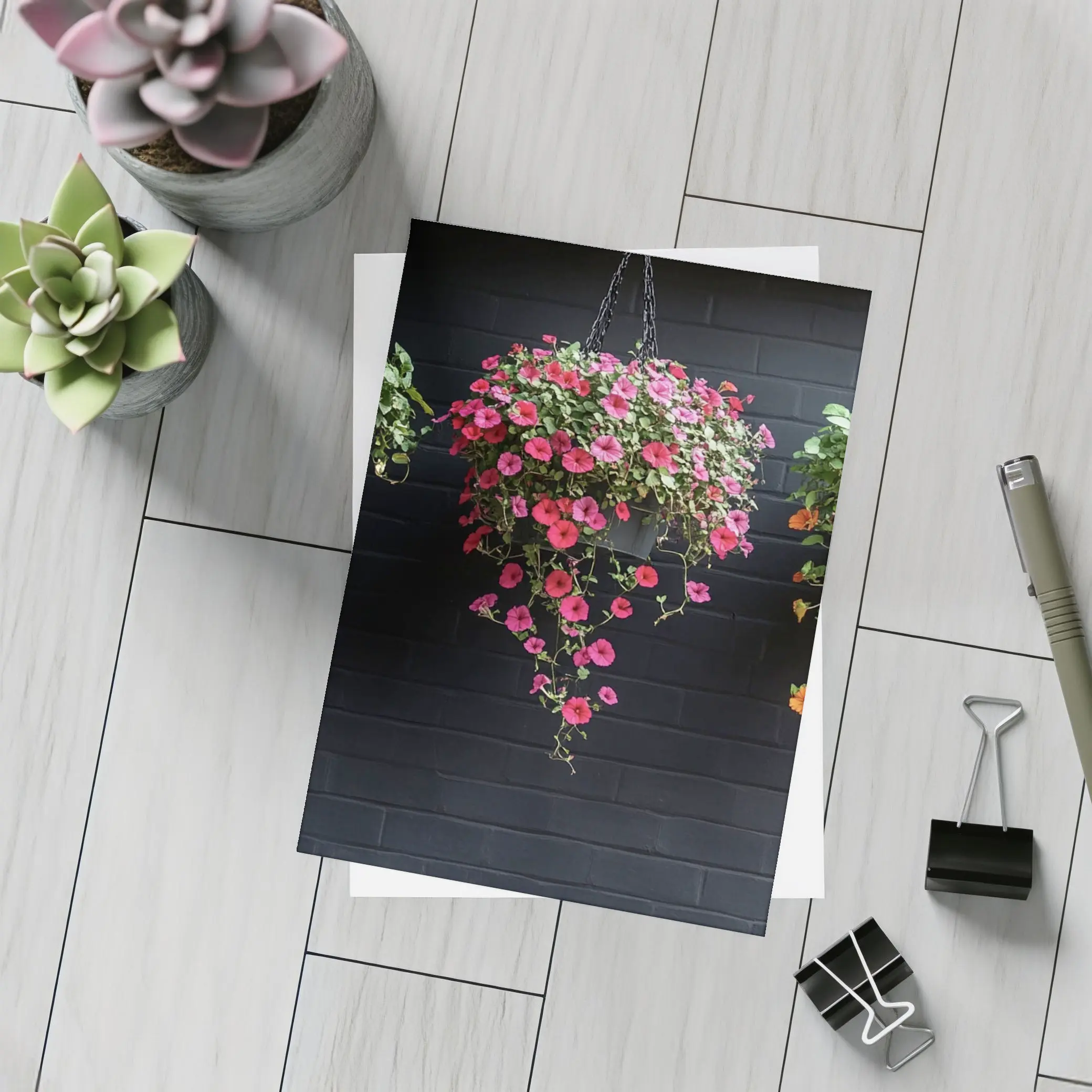 Hanging Petunia Baskets Against Dark Brick Wall – Postcards