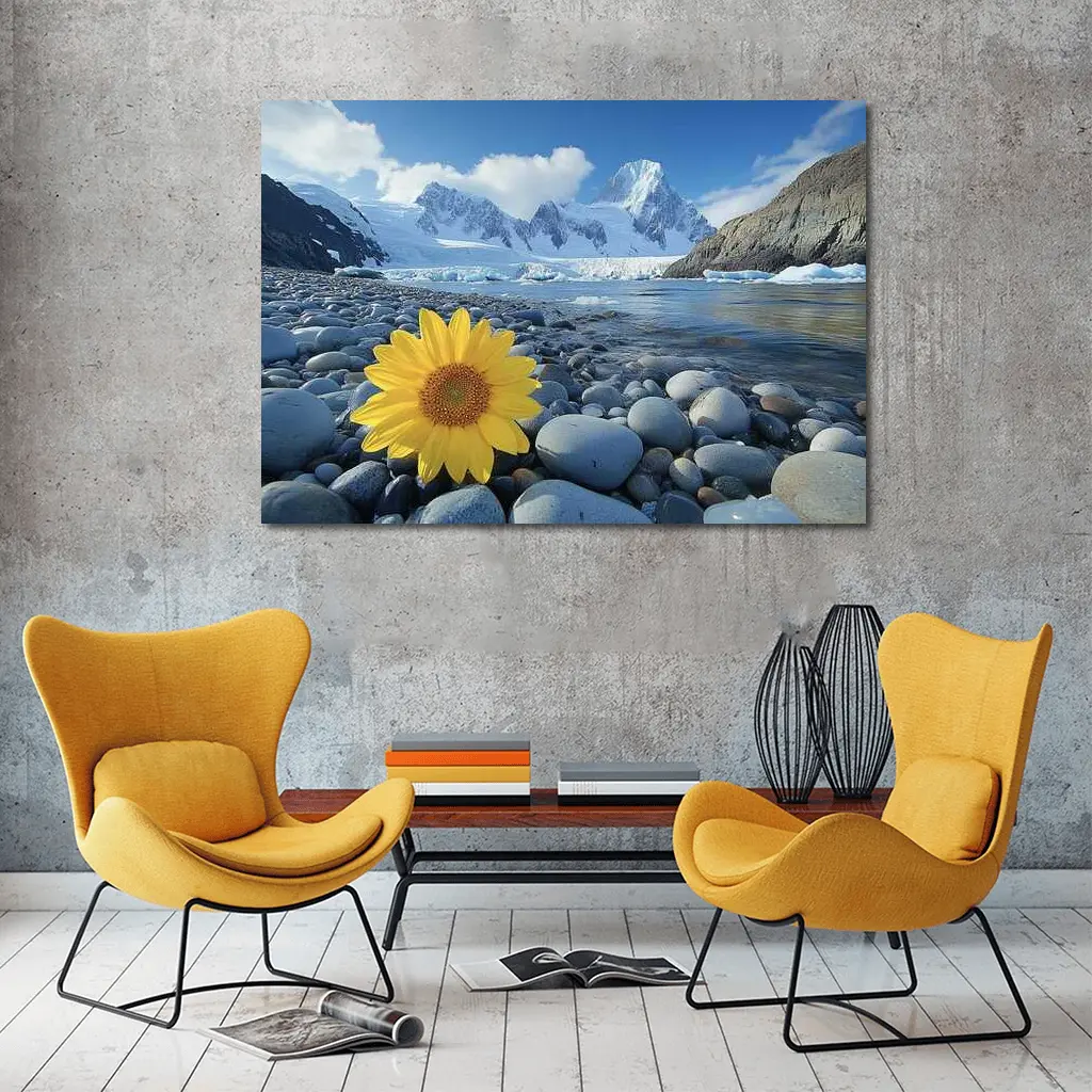 Yellow Sunflower Rocky Shore Snow Mountains – Wall Art