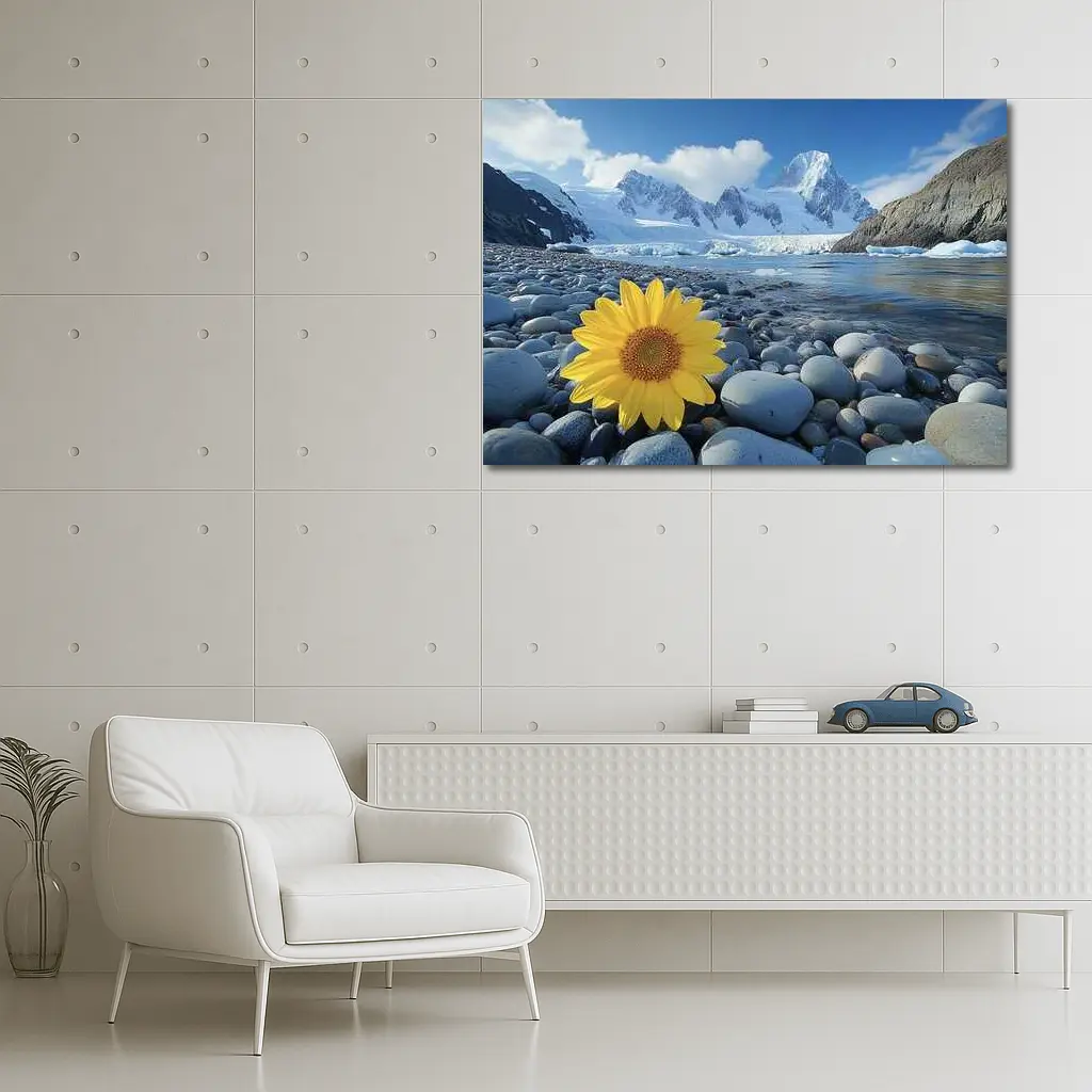 Yellow Sunflower Rocky Shore Snow Mountains – Wall Art