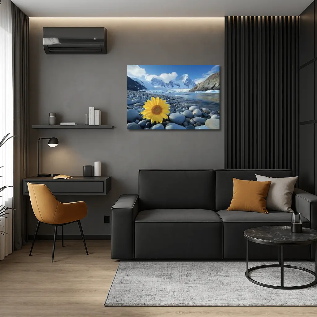Yellow Sunflower Rocky Shore Snow Mountains – Wall Art