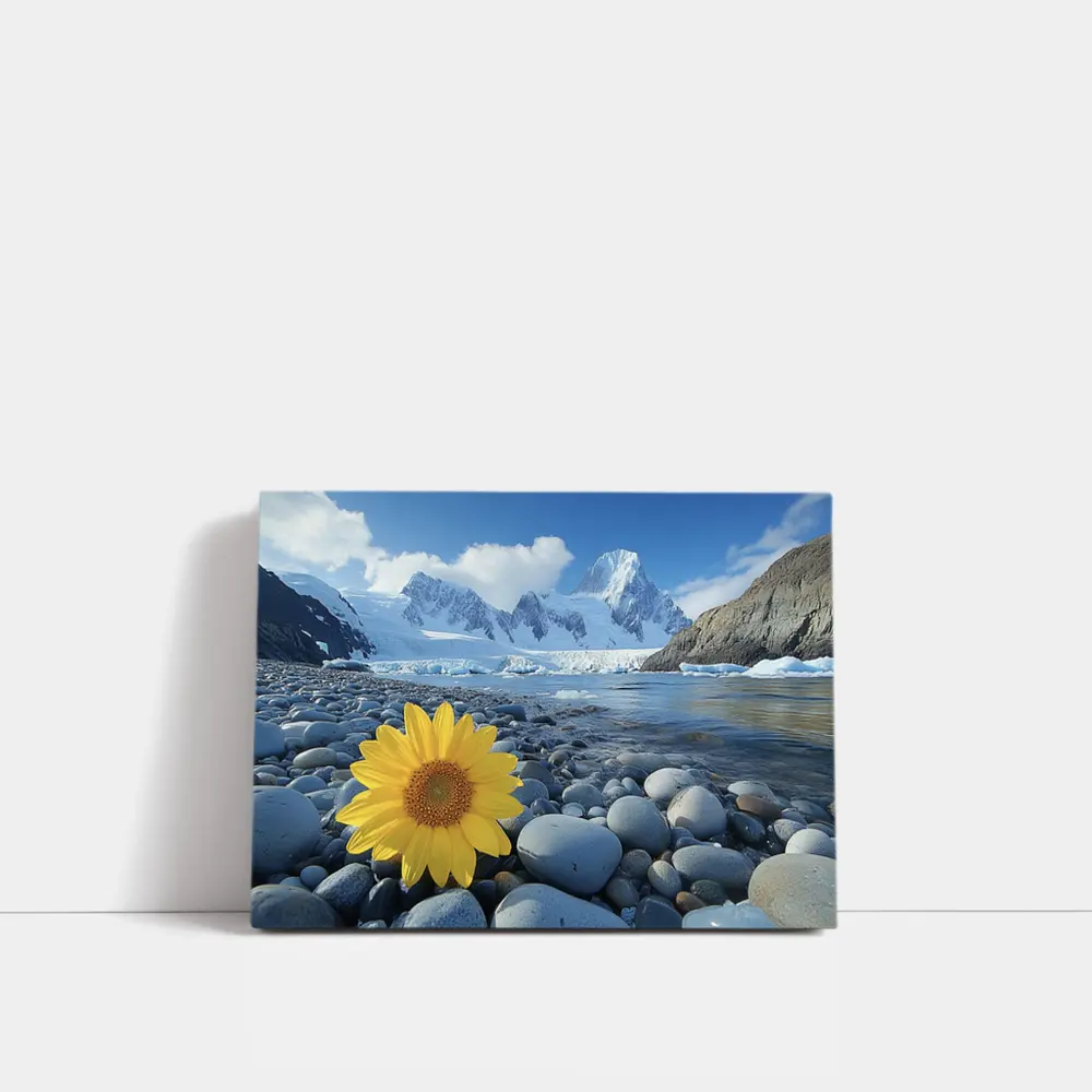 Yellow Sunflower Rocky Shore Snow Mountains – Wall Art