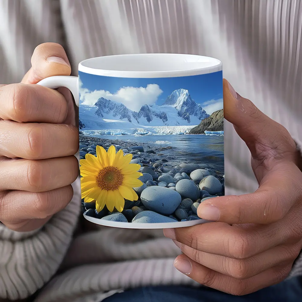 Yellow Sunflower Rocky Shore Snow Mountains – Mugs