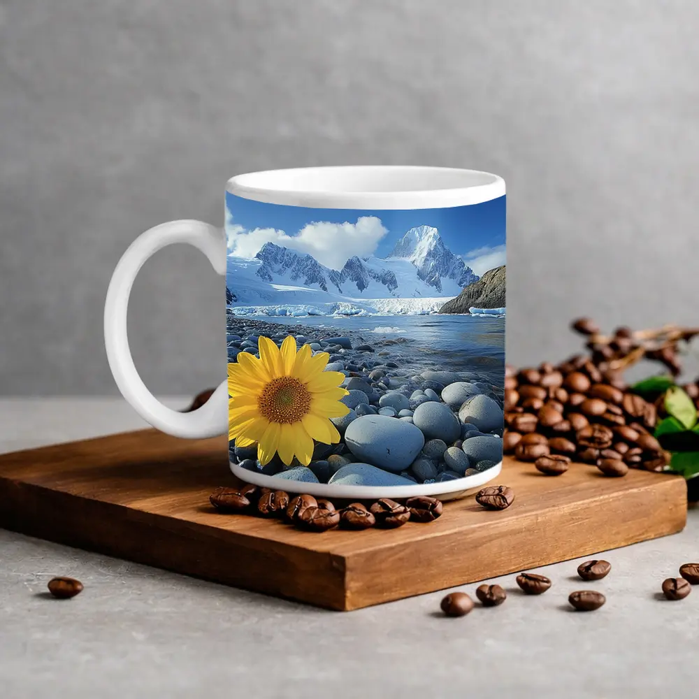 Yellow Sunflower Rocky Shore Snow Mountains – Mugs