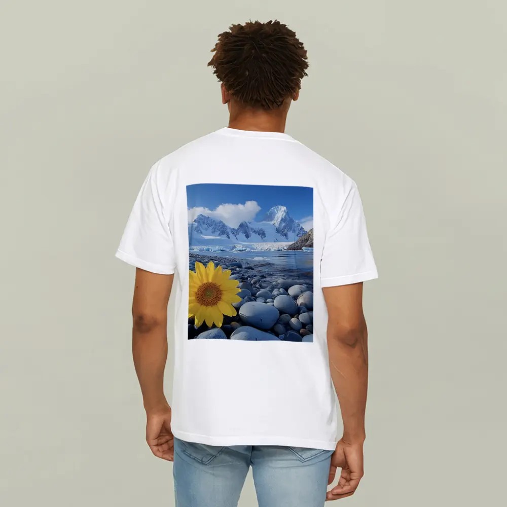 Yellow Sunflower Rocky Shore Snow Mountains – T-Shirts