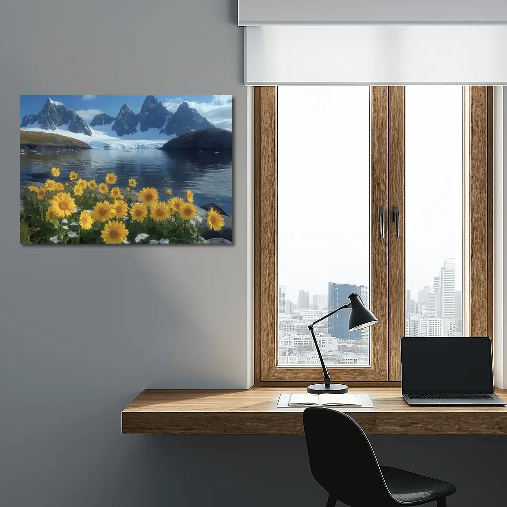 Sunflowers Blooming by Arctic Mountain Lake – Wall Art