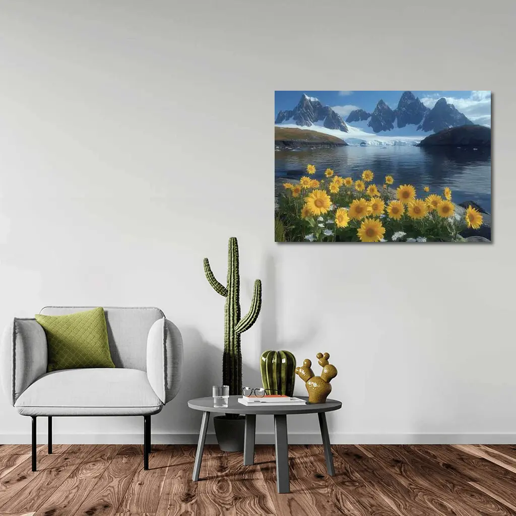 Sunflowers Blooming by Arctic Mountain Lake – Wall Art
