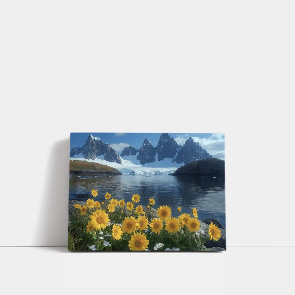 Sunflowers Blooming by Arctic Mountain Lake – Wall Art