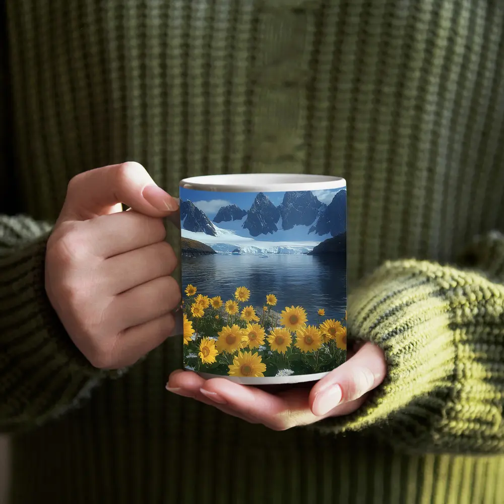 Sunflowers Blooming by Arctic Mountain Lake – Mugs
