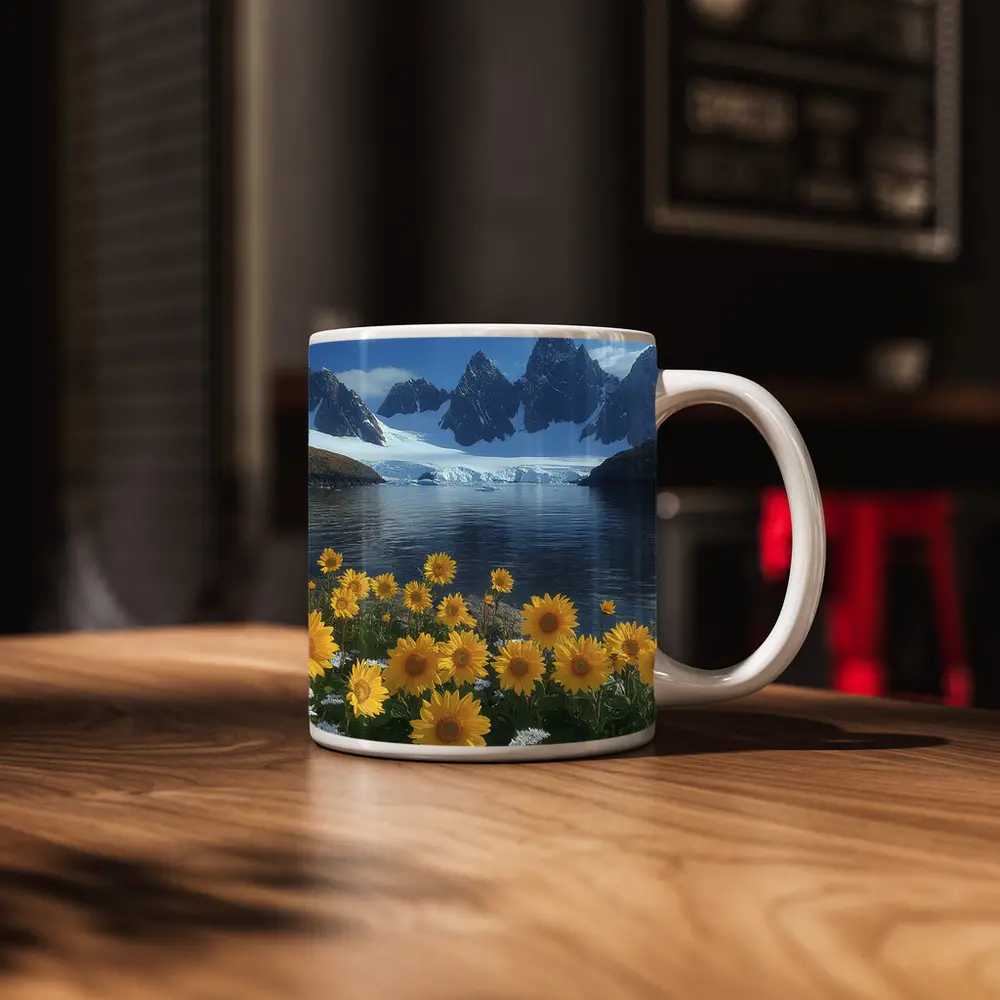 Sunflowers Blooming by Arctic Mountain Lake – Mugs