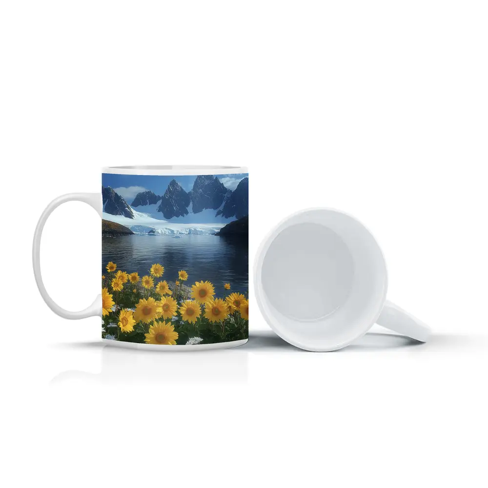 Sunflowers Blooming by Arctic Mountain Lake – Mugs