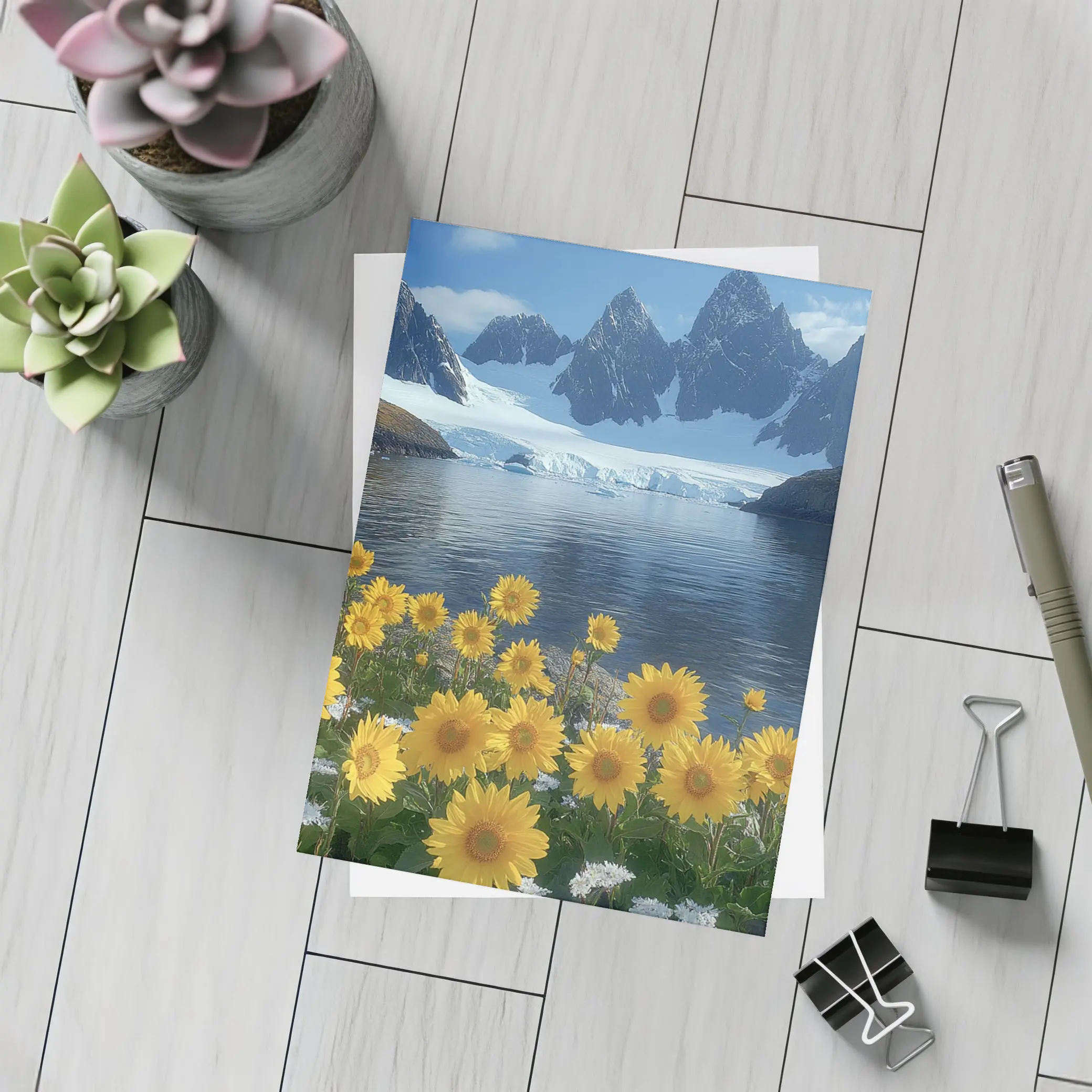 Sunflowers Blooming by Arctic Mountain Lake – Postcards