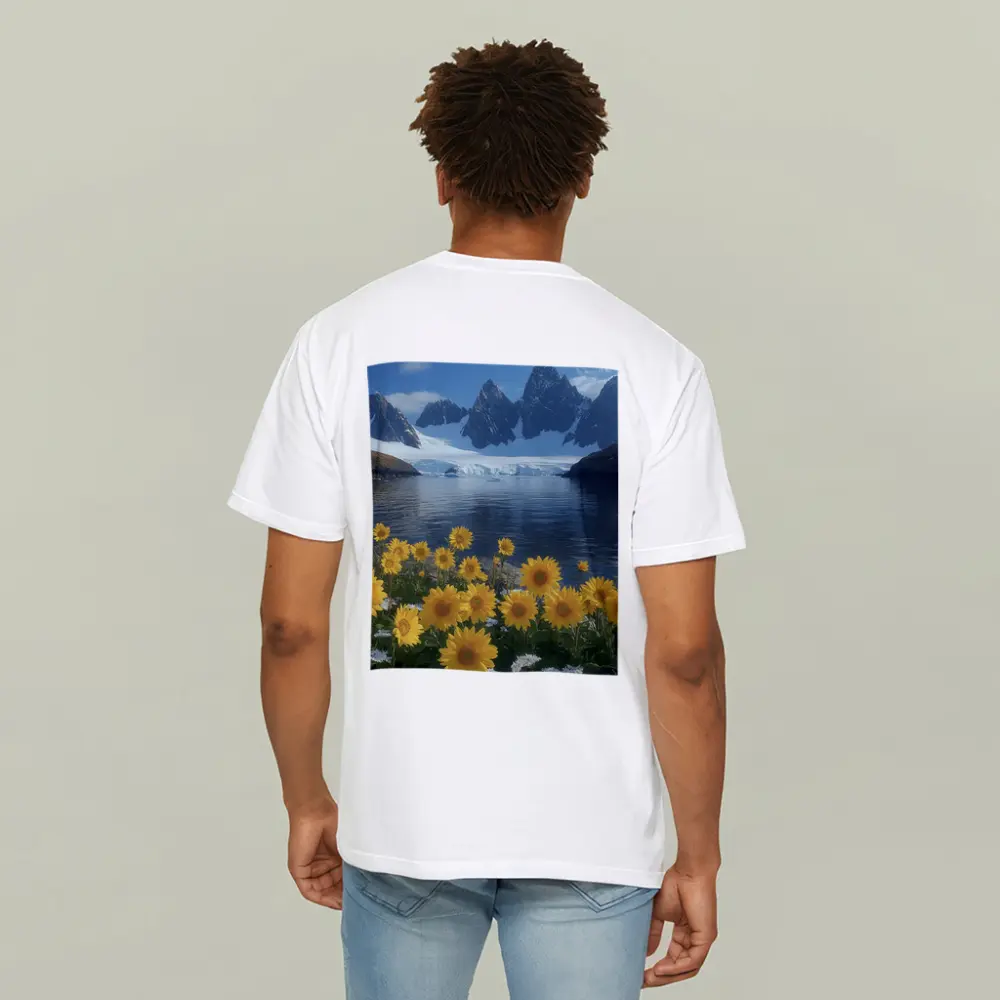 Sunflowers Blooming by Arctic Mountain Lake – T-Shirts