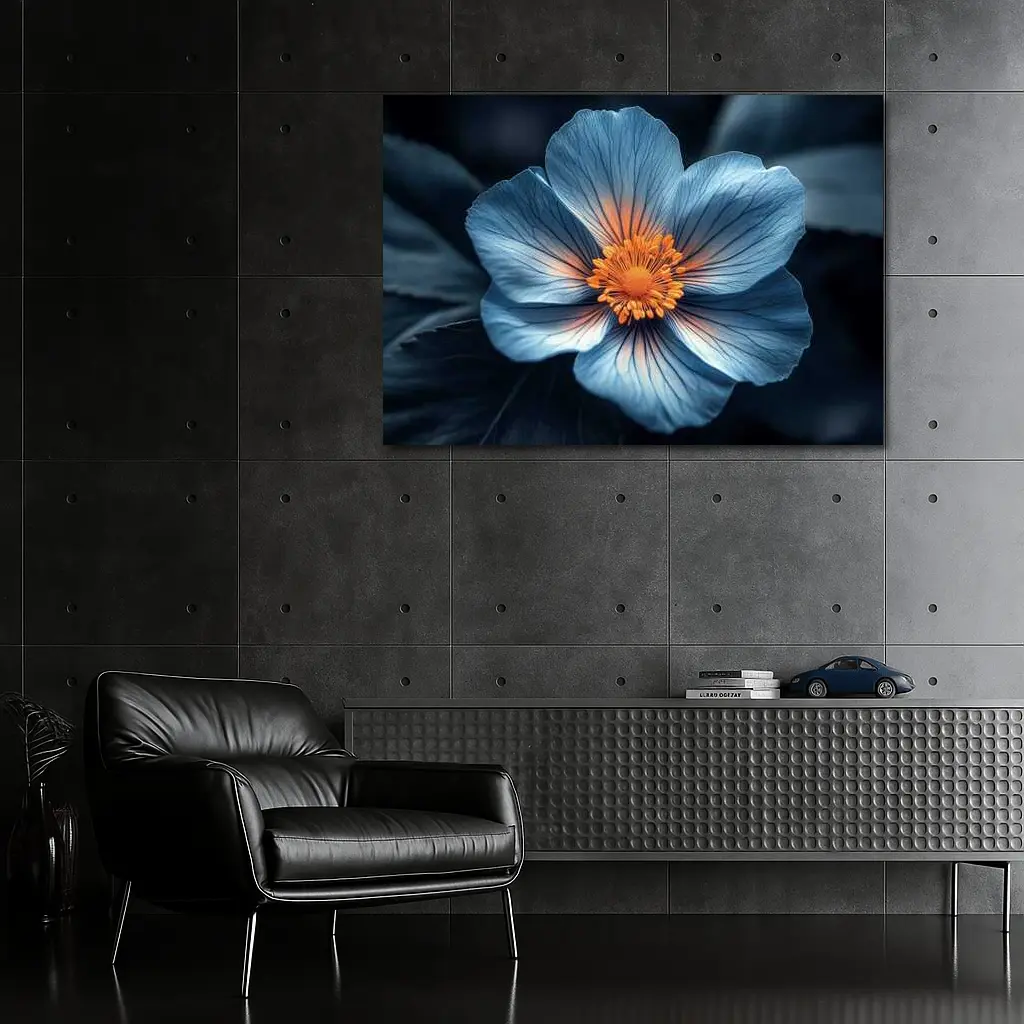 Blue Flower Orange Center Dark Leaves – Wall Art
