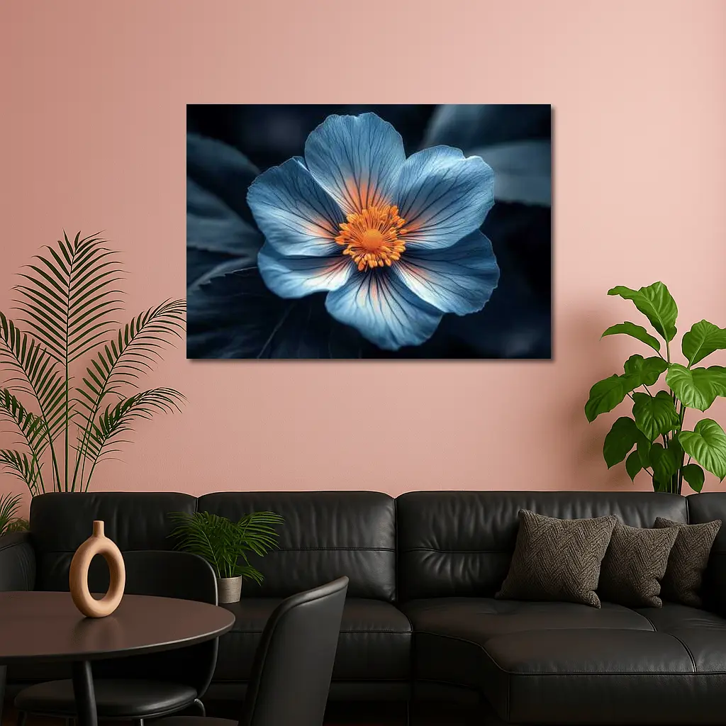 Blue Flower Orange Center Dark Leaves – Wall Art