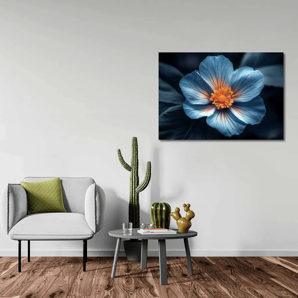 Blue Flower Orange Center Dark Leaves – Wall Art