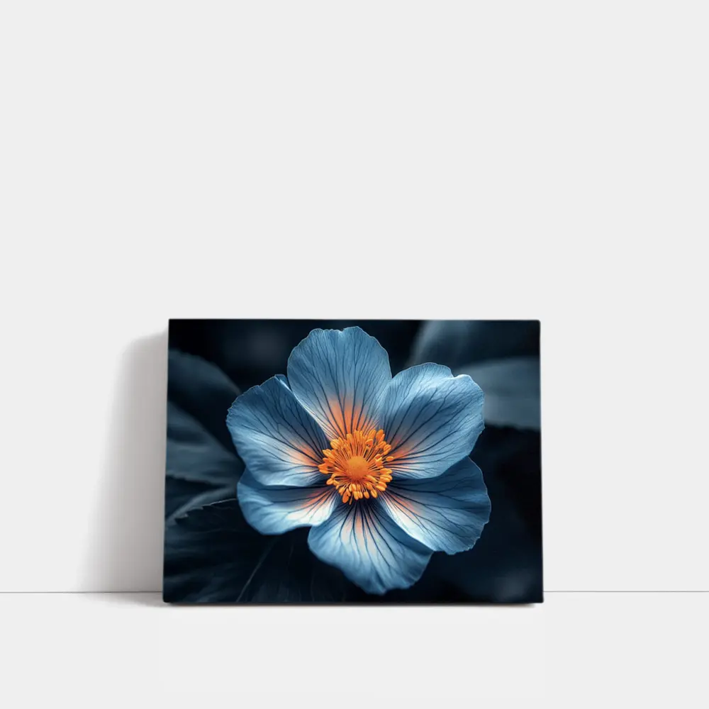 Blue Flower Orange Center Dark Leaves – Wall Art