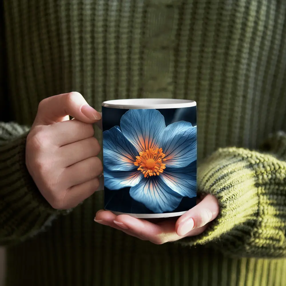 Blue Flower Orange Center Dark Leaves – Mugs
