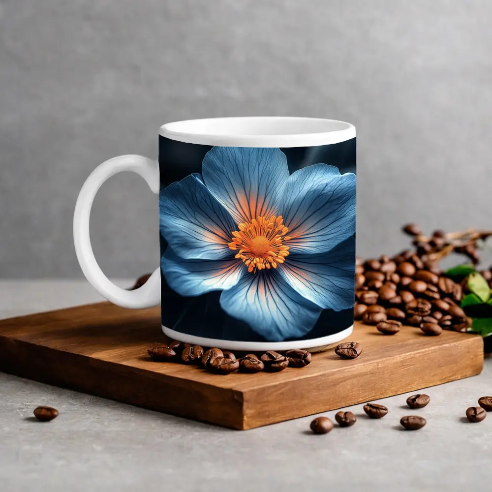 Blue Flower Orange Center Dark Leaves – Mugs