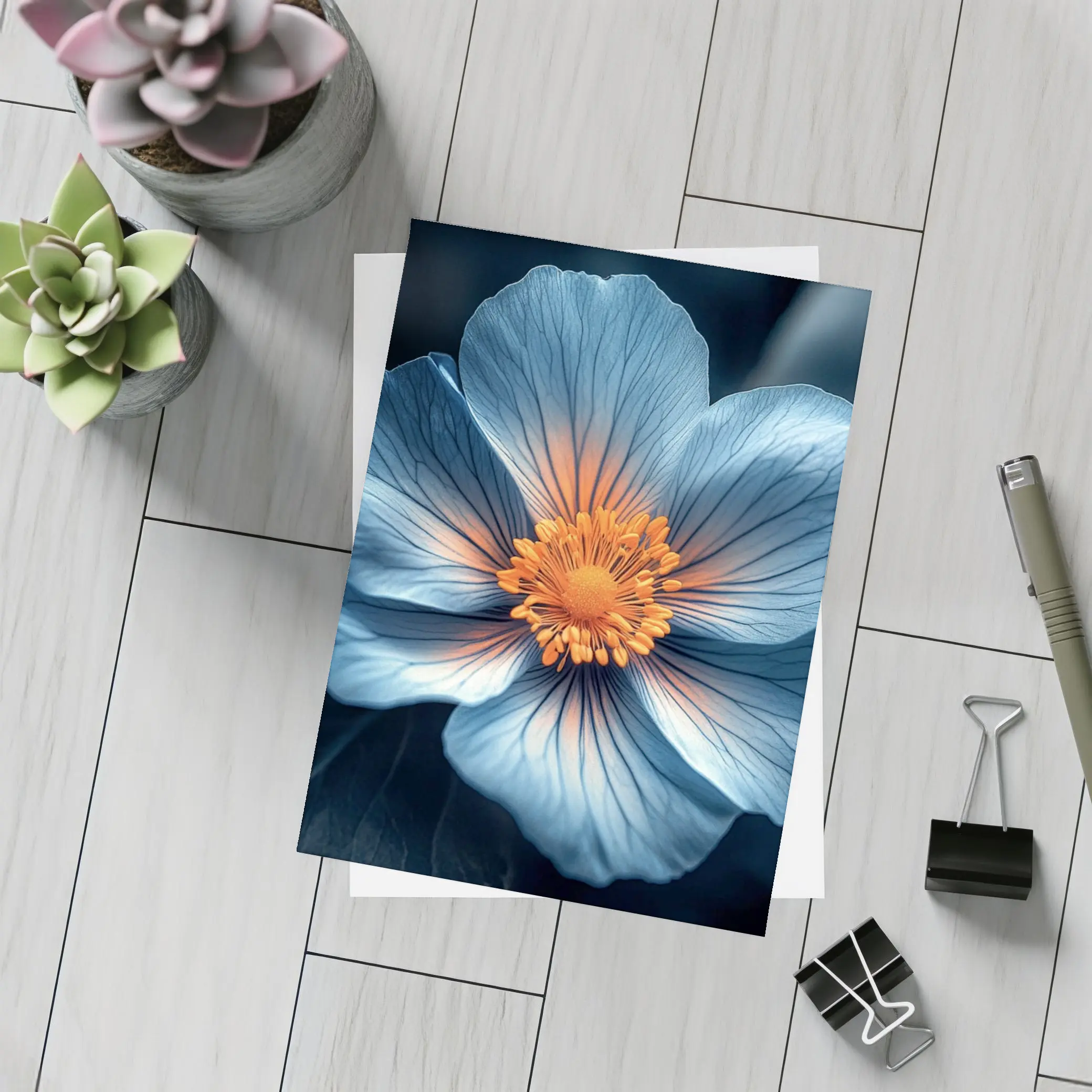 Blue Flower Orange Center Dark Leaves – Postcards