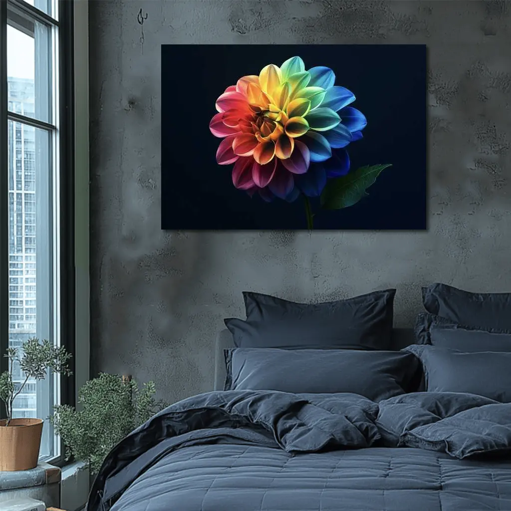 Rainbow Dahlia Flower Dark Background – Wall Art