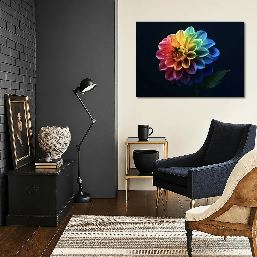 Rainbow Dahlia Flower Dark Background – Wall Art