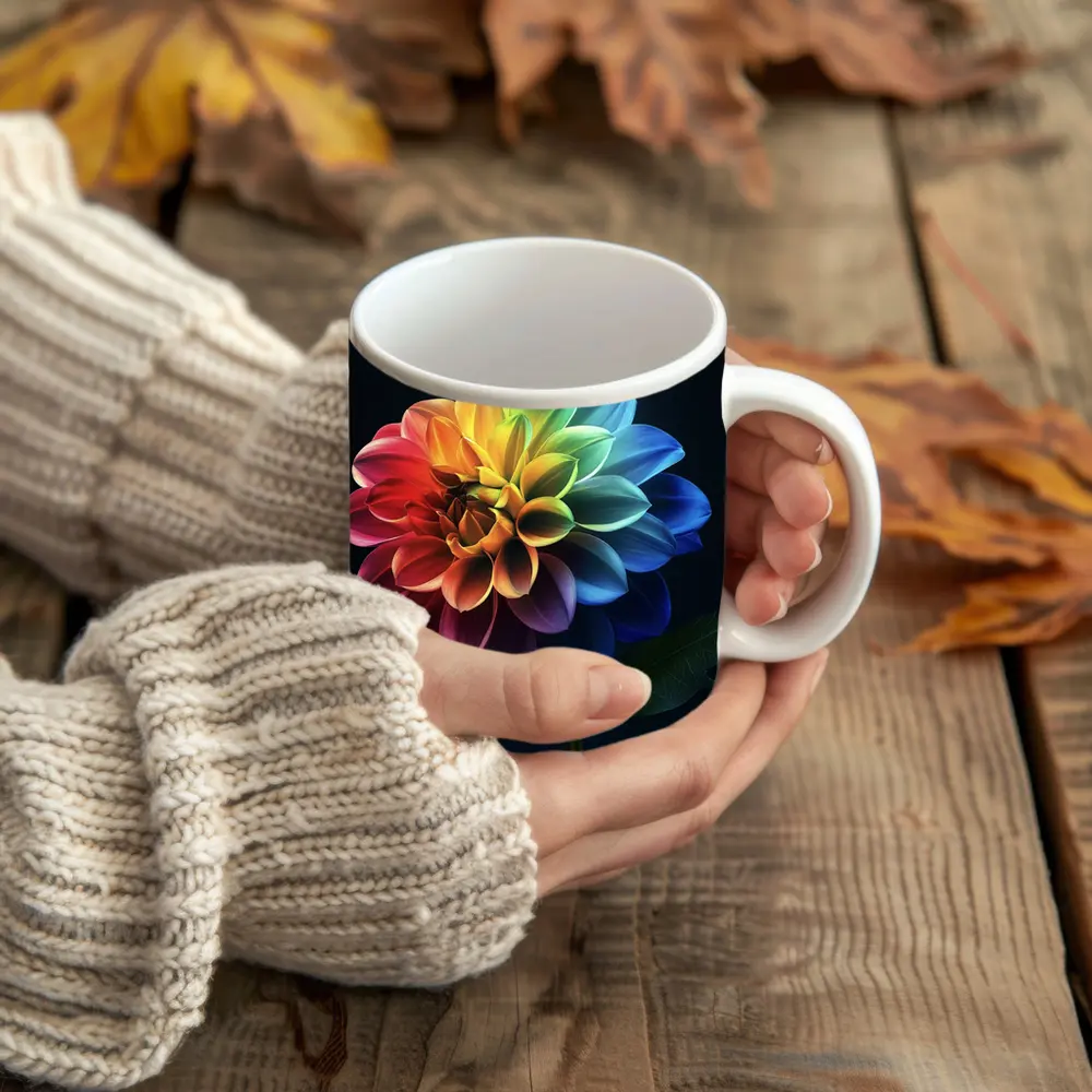 Rainbow Dahlia Flower Dark Background – Mugs