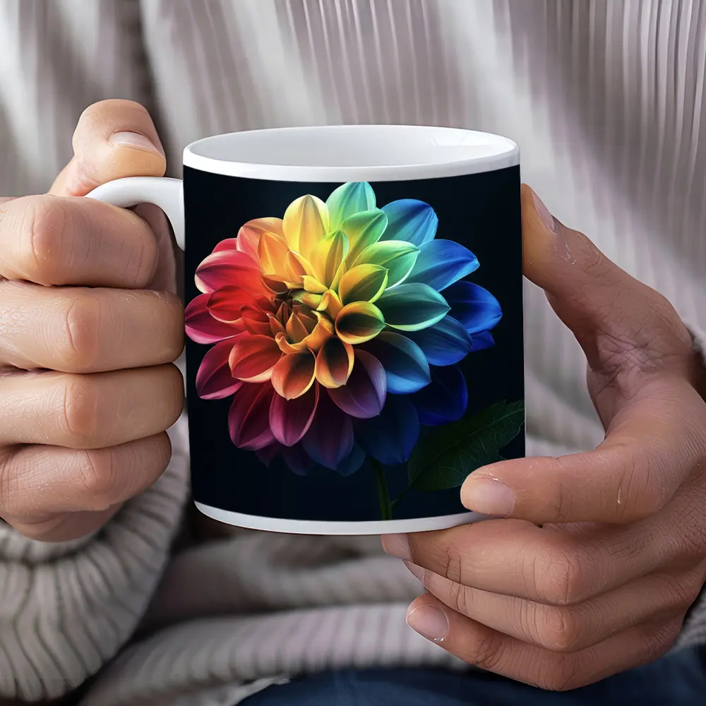 Rainbow Dahlia Flower Dark Background – Mugs