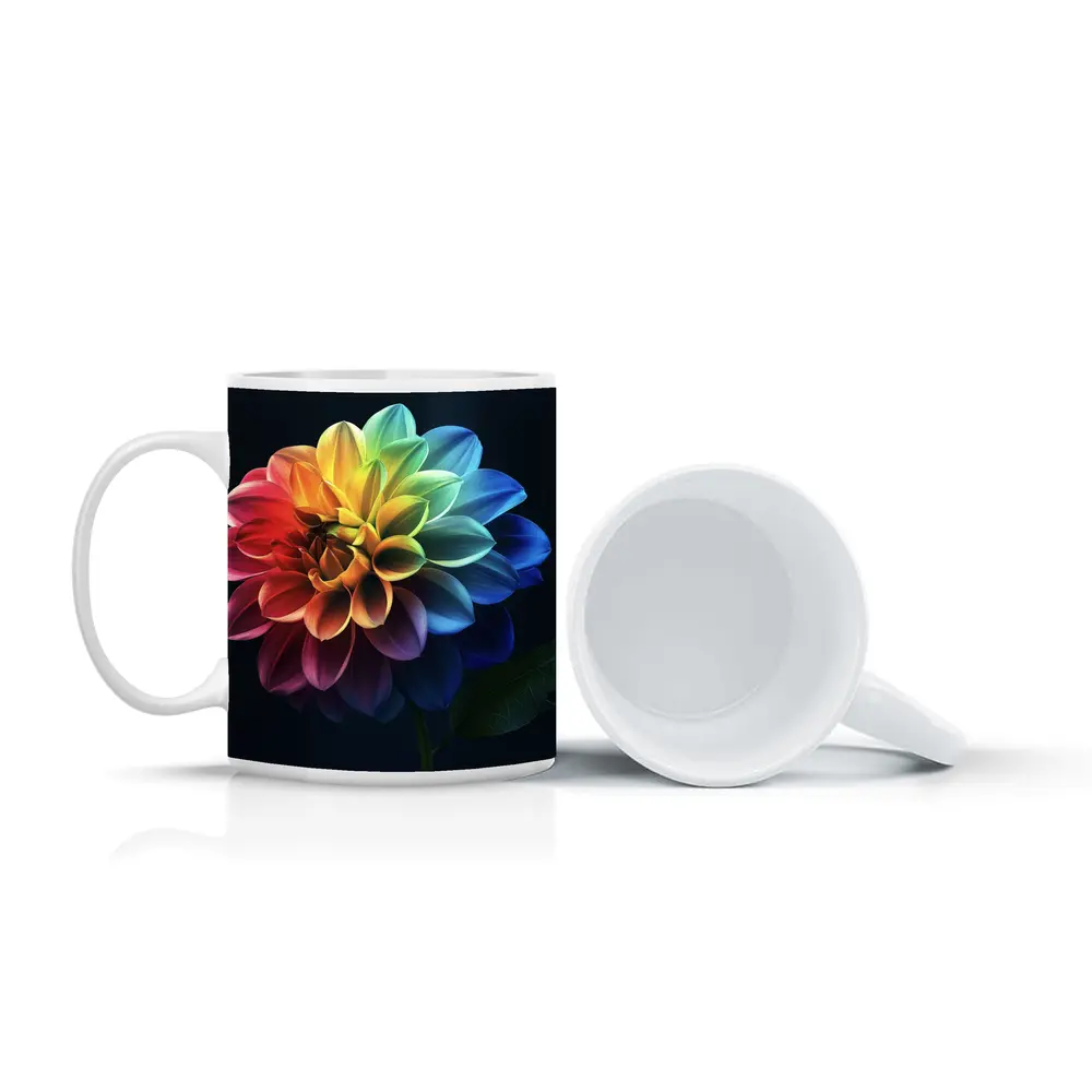 Rainbow Dahlia Flower Dark Background – Mugs