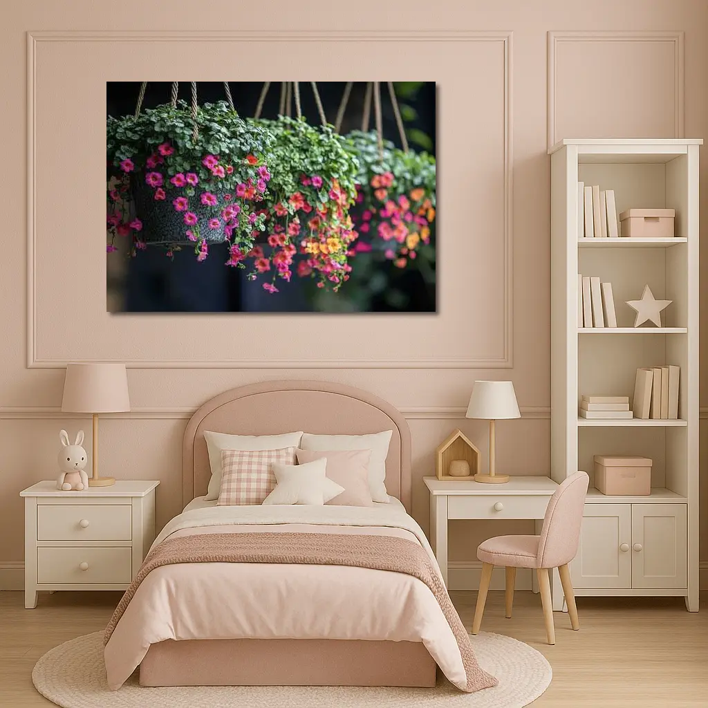 Pink Calibrachoa Flowers Hanging Basket Garden – Wall Art