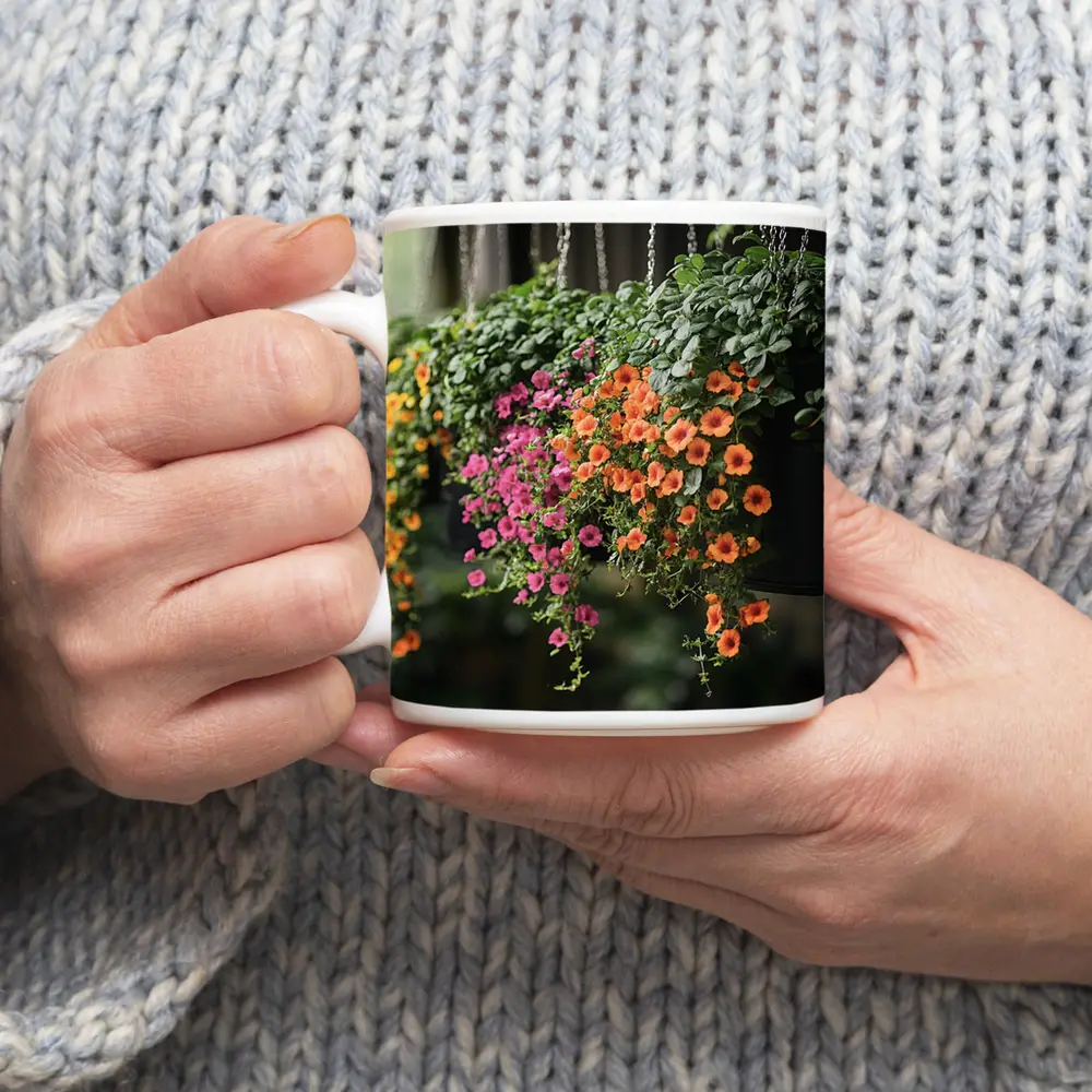 Hanging Basket Petunias Orange Pink Green – Mugs