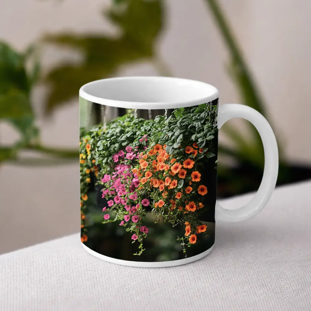 Hanging Basket Petunias Orange Pink Green – Mugs
