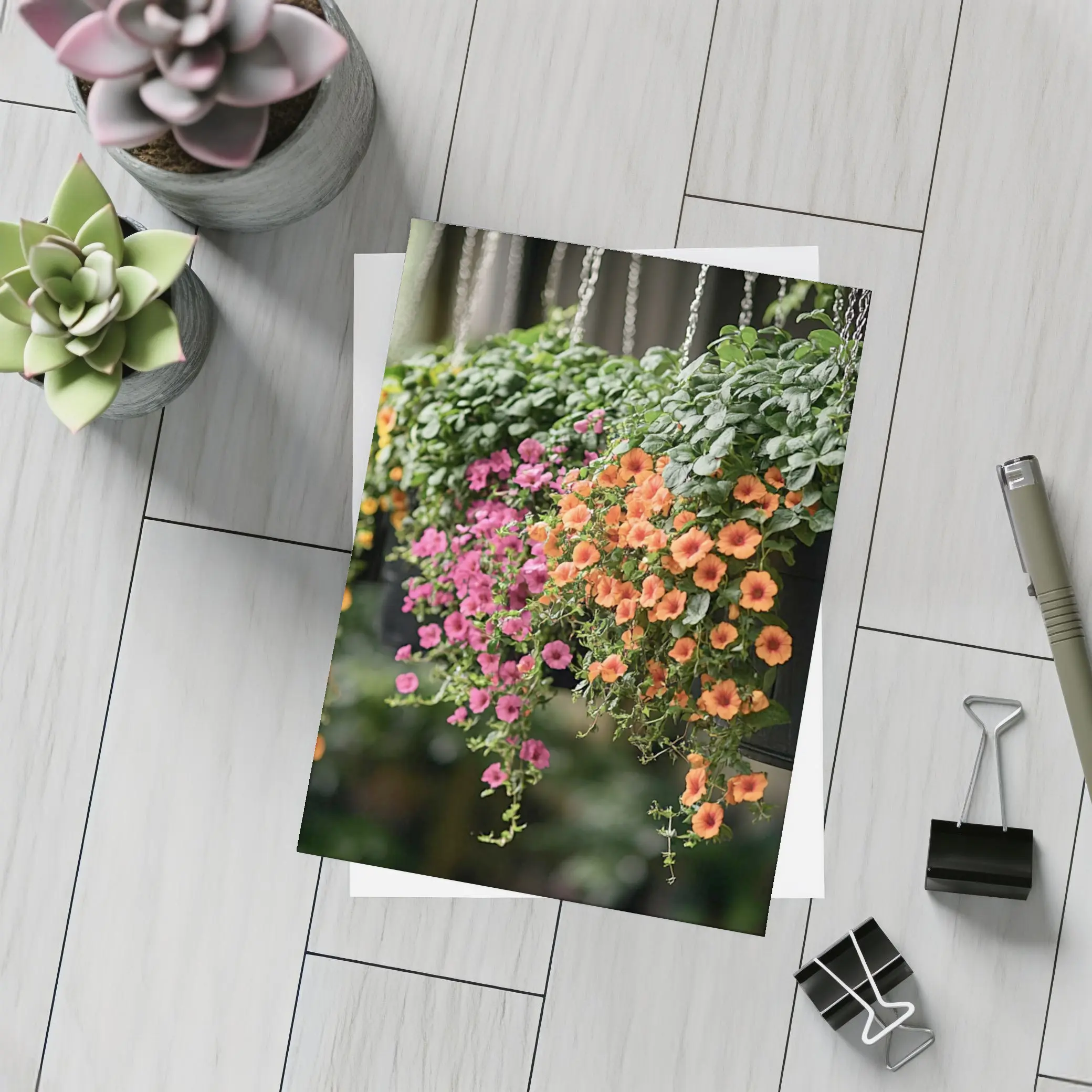 Hanging Basket Petunias Orange Pink Green – Postcards