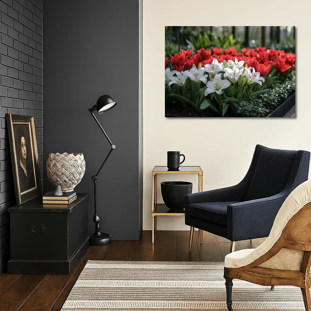 White Lilies Red Tulips Garden Flower Bed – Wall Art