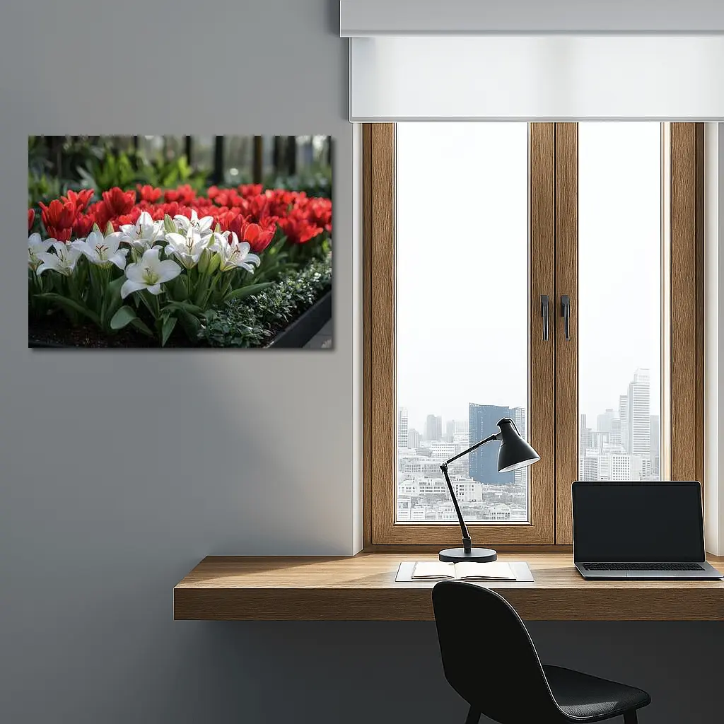 White Lilies Red Tulips Garden Flower Bed – Wall Art
