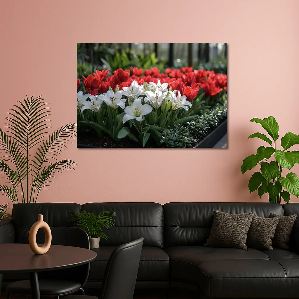 White Lilies Red Tulips Garden Flower Bed – Wall Art