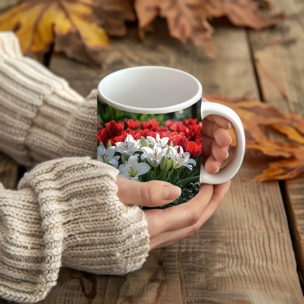White Lilies Red Tulips Garden Flower Bed – Mugs