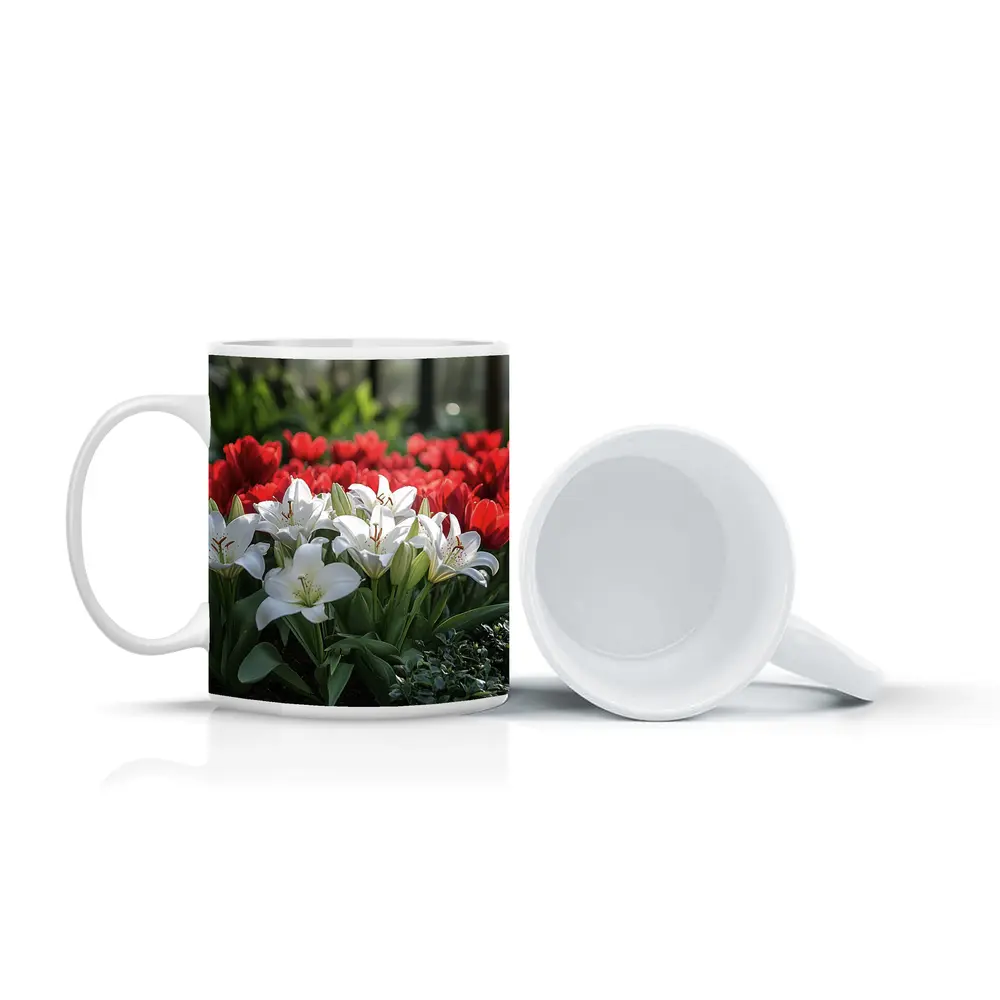 White Lilies Red Tulips Garden Flower Bed – Mugs