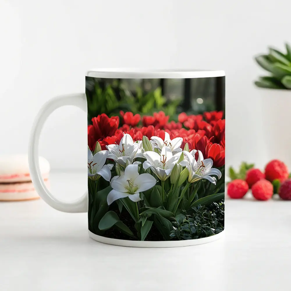 White Lilies Red Tulips Garden Flower Bed – Mugs