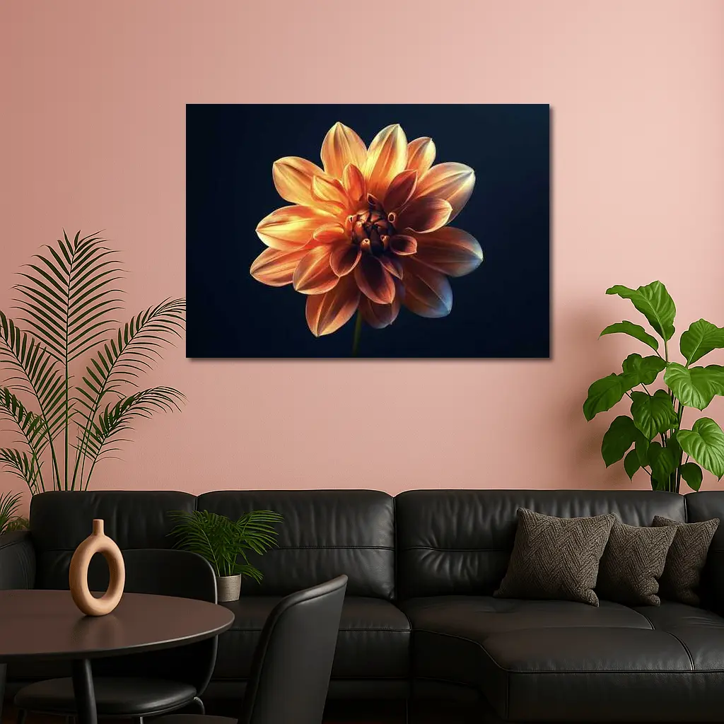 Orange Dahlia Flower Dark Blue Background – Wall Art