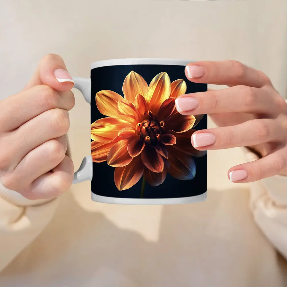 Orange Dahlia Flower Dark Blue Background – Mugs