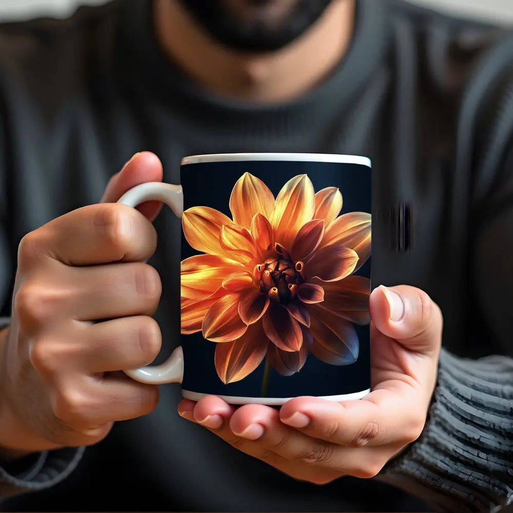 Orange Dahlia Flower Dark Blue Background – Mugs