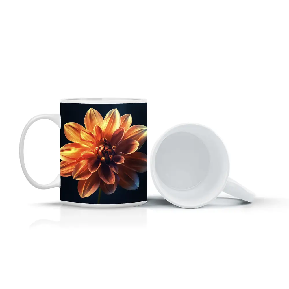 Orange Dahlia Flower Dark Blue Background – Mugs