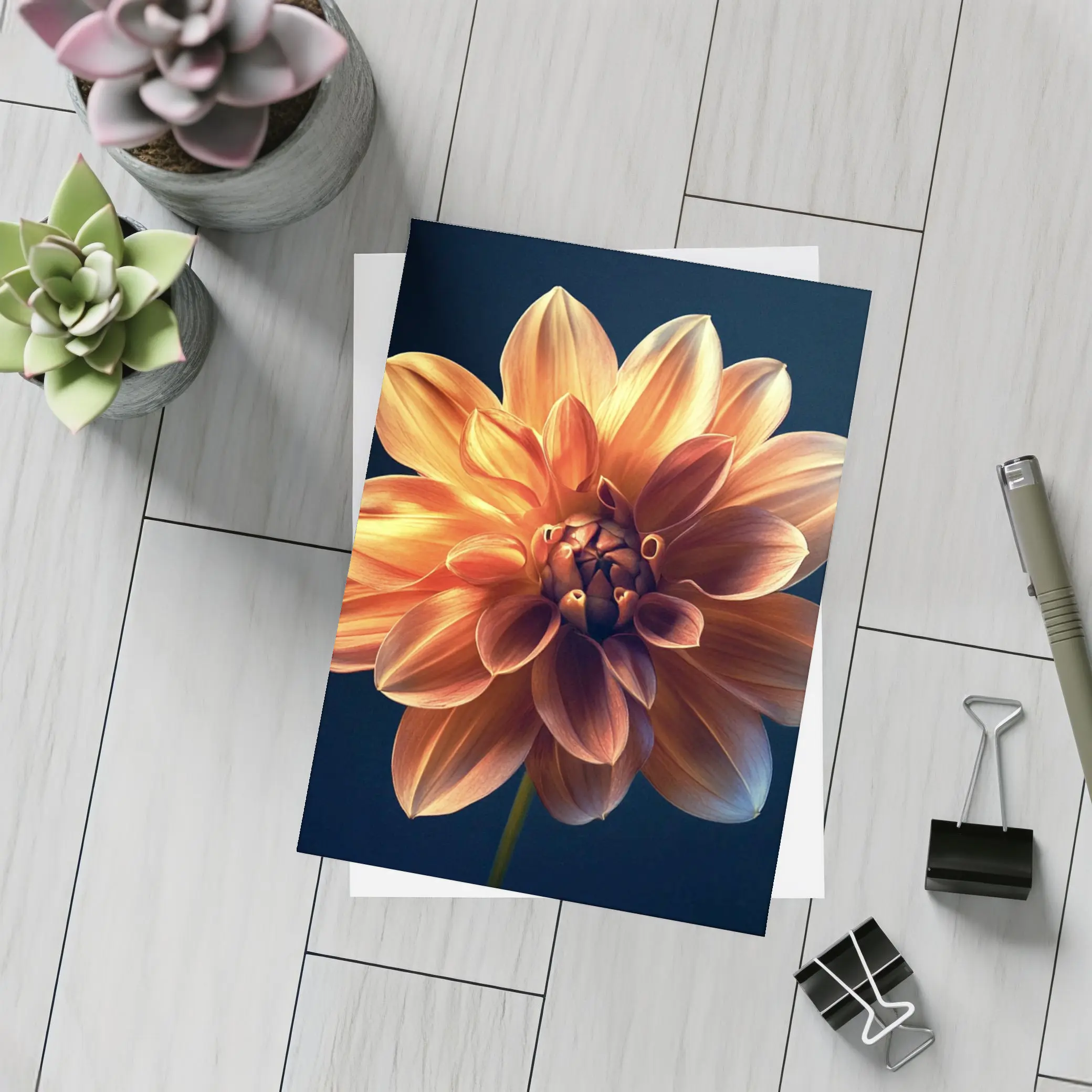 Orange Dahlia Flower Dark Blue Background – Postcards