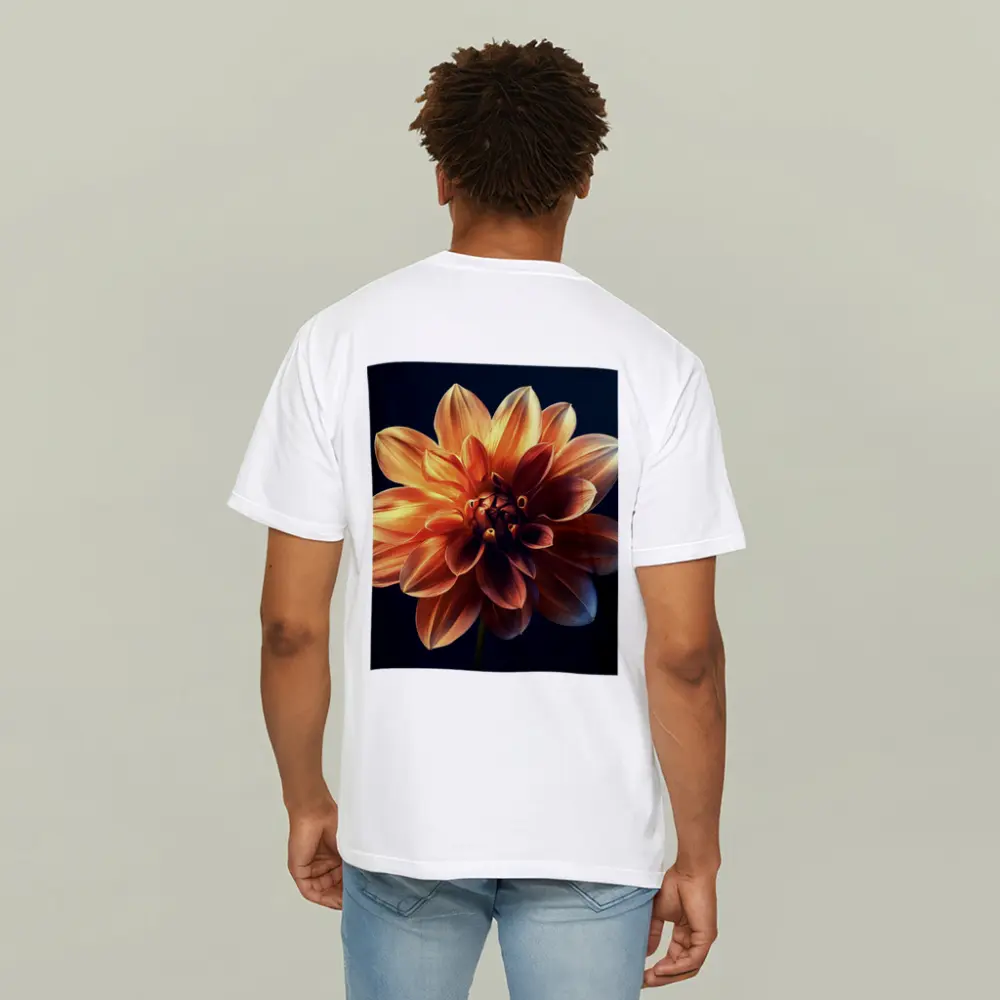 Orange Dahlia Flower Dark Blue Background – T-Shirts